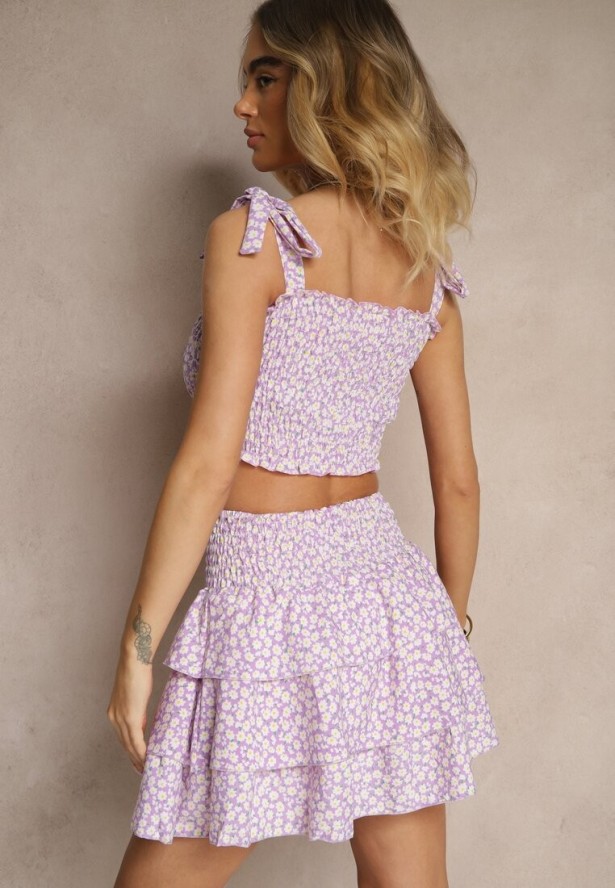 Fioletowy Komplet z Bawełną Spódnica z Falbanami i Top na Wiązanych Ramiączkach Sarilessae