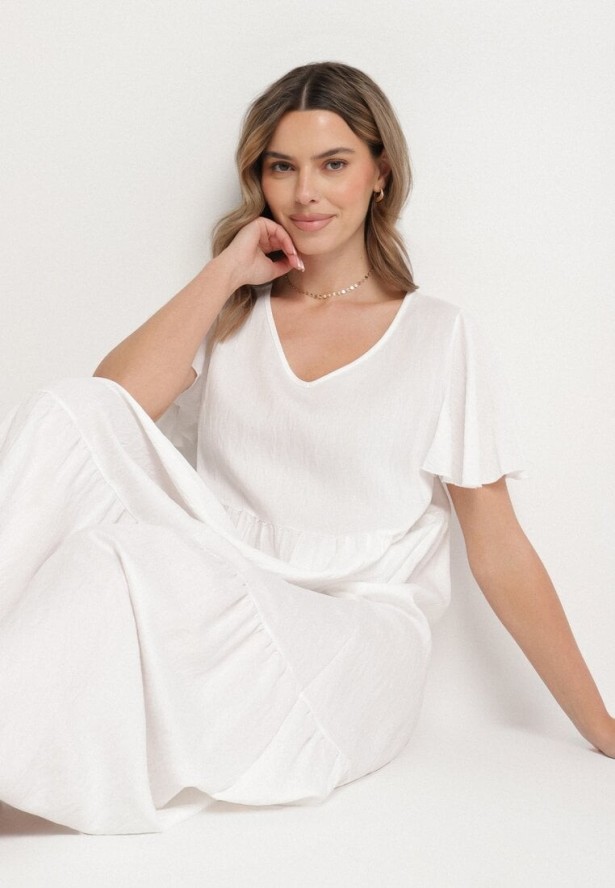 Biała Sukienka z Wiskozy o Rozkloszowanym Kroju Nattalana