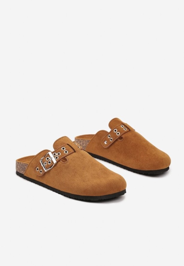 Brązowe Klapki w Typie Muli Chodaków ze Sprzączką Lanelita