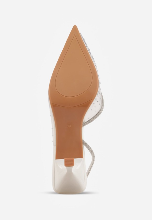 Białe Szpilki Slingback z Transparentną Cholewką i Cyrkoniami Liaceran