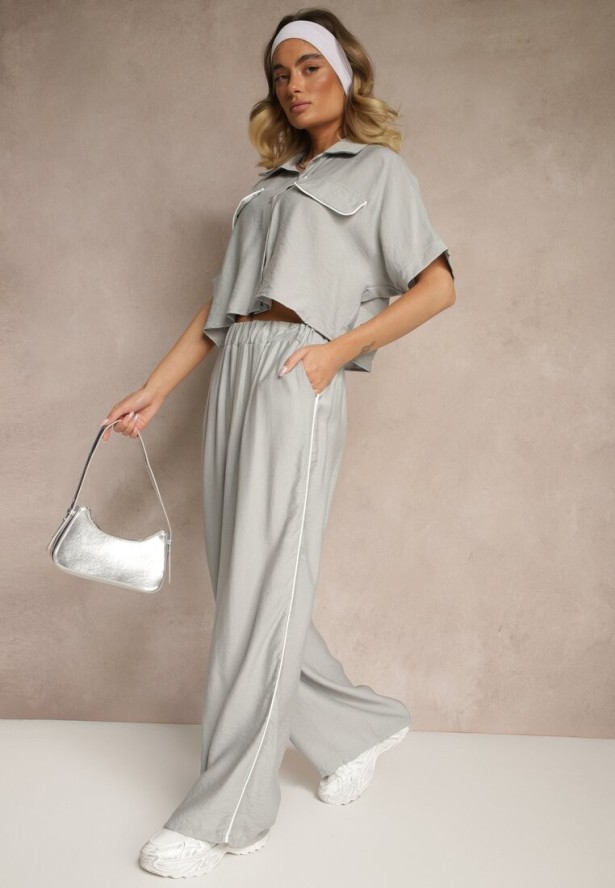Szary Komplet z Wiskozy Koszula o Krótkim Kroju i Szerokie Spodnie Daviriana