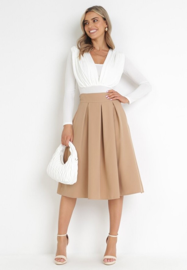 Beżowa Rozkloszowana Spódnica Midi z Gumką w Pasie Glorina