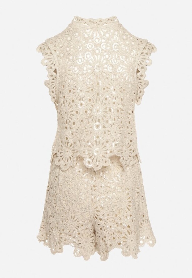 Beżowy 2-Częściowy Komplet Ażurowy Top ze Stójką Szorty z Gumką w Pasie Rivassea