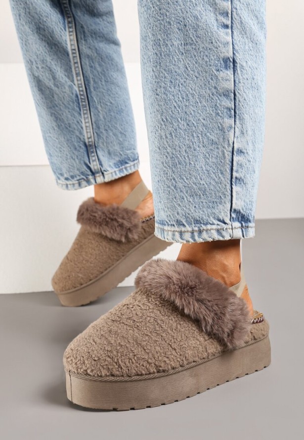 Ciemnobeżowe Śniegowce na Grubej Podeszwie z Futerkiem i Gumką Jawora