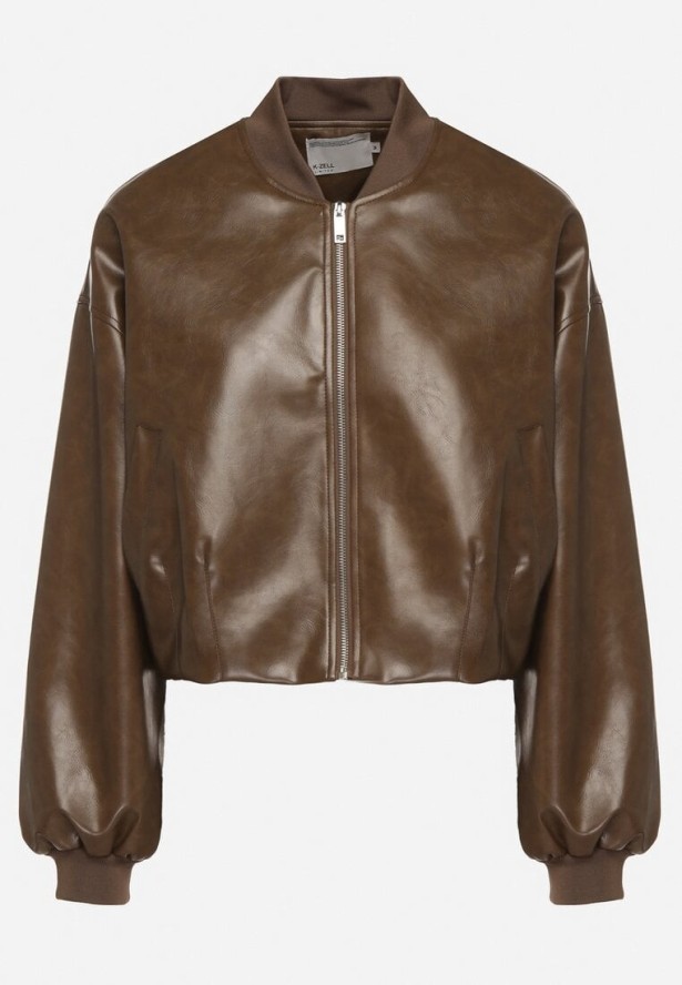 Brązowa Kurtka z Wiskozą w Stylu Bomberki z Ekoskóry Nanisiela