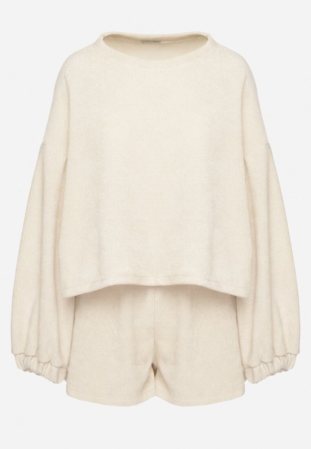 Beżowy Dzianinowy Komplet Bluza i Szorty Novanisa