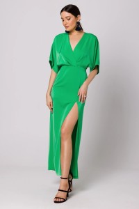 Długa sukienka z dekoltem V i rozcięciem kimonowa zielona
