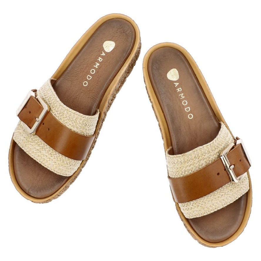 Klapki damskie Armodo, na platformie skórzane z ozdobną sprzączką wygodne, słomkowe brązowe, 40444