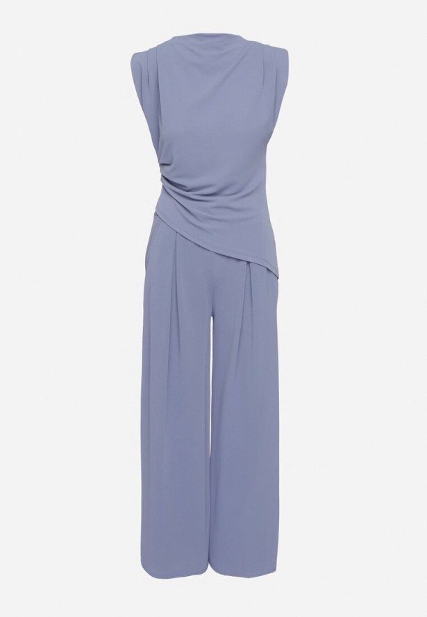 Niebieski Komplet Bluzka z Zaznaczonymi Ramionami i Spodnie Szerokie na Gumce Divaires