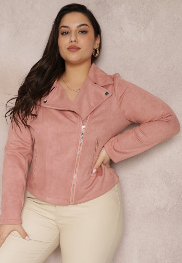 Ciemnoróżowa Asymetryczna Kurtka Ramoneska z Imitacji Zamszu Kmiya