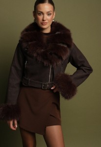 Brązowa Ocieplana Kurtka Ramoneska z Futrem przy Kołnierzu i Rękawach Mevesala