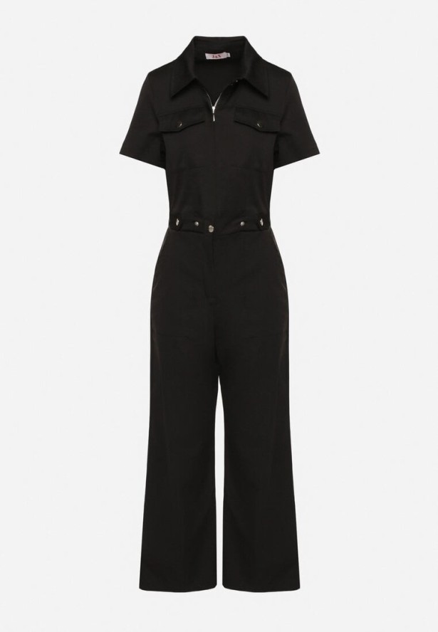 Czarny Kombinezon na Krótki Rękaw z Kołnierzykiem i Szeroką Nogawką Jenanisela