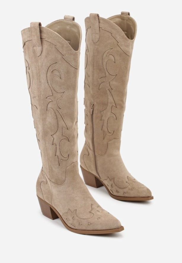 Ciemnobeżowe Kozaki Kowbojki na Stożku w Klasycznym Stylu Nalinda