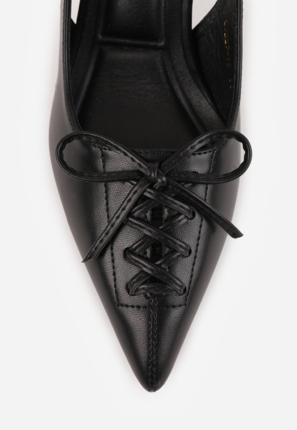 Czarne Szpilki VICES z Odkrytą Piętą i Ozdobnym Gorsetowym Sznurowaniem Aziruna