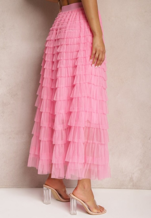 Różowa Spódnica Tiulowa z Gumką w Talii Ozdobiona Falbanami Missalisha