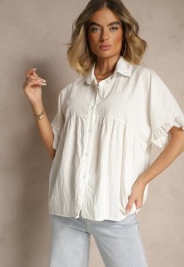 Biała Koszula z Wiskozą Ozdobiona Falbankami Oleldi