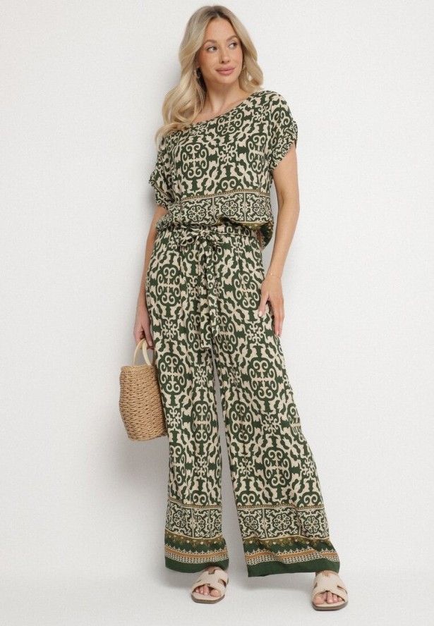 Ciemnozielony Komplet Bawełniany w Ornamentalny Wzór Spodnie i Bluzka Nanirienna