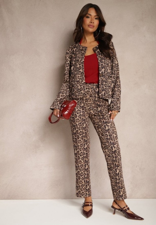 Beżowe Spodnie z Prostymi Nogawkami w Panterkę Enalora