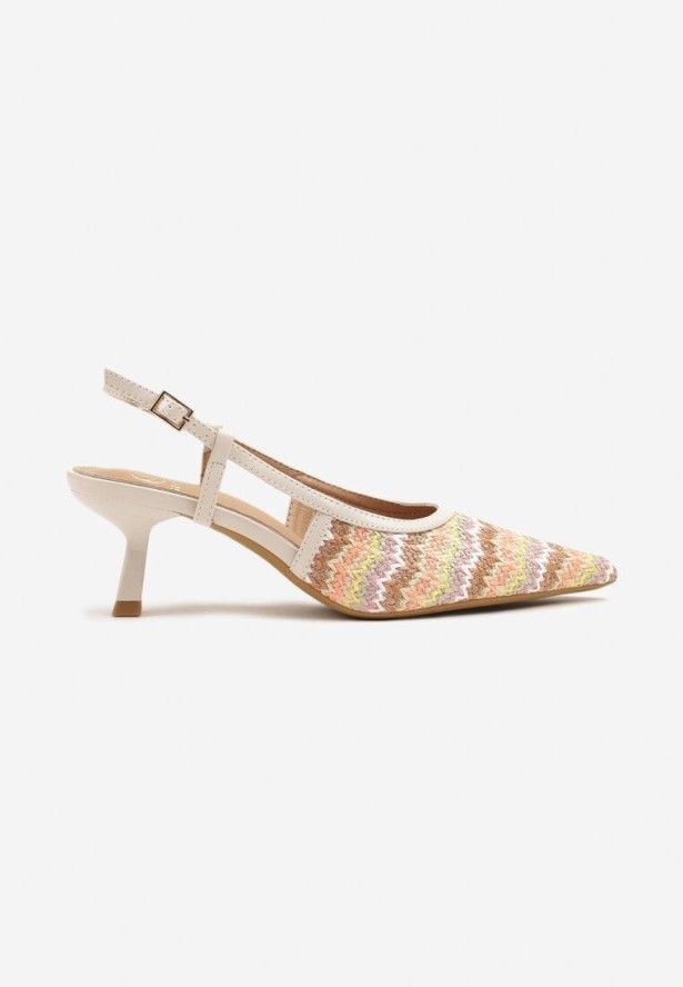 Beżowe Sandały na Obcasie z Plecionką w Geometryczny Wzór Gonivra