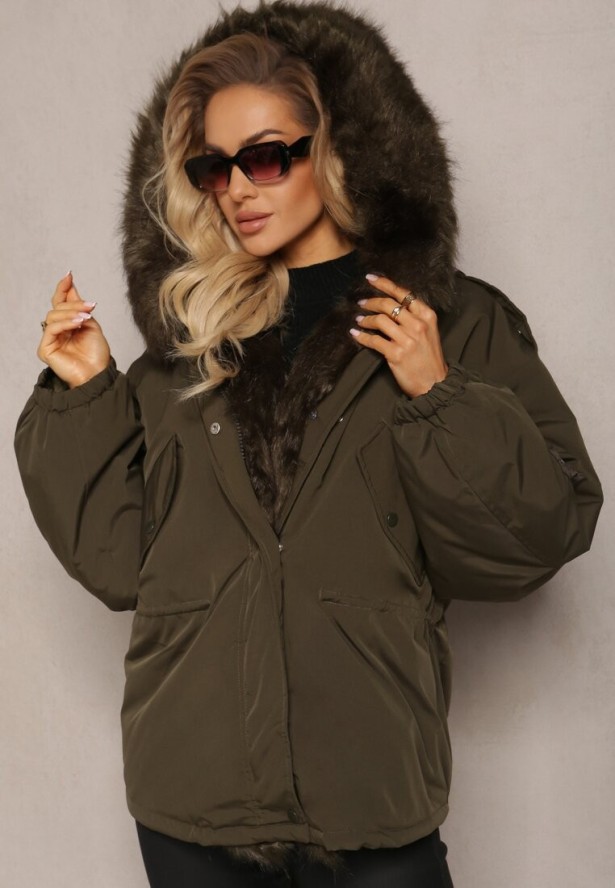 Ciemnozielona Kurtka Parka Oversize z Futerkiem Horelle