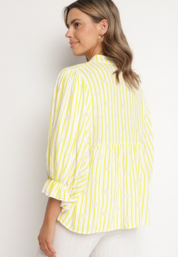 Żółta Bawełniana Koszula z Dekoltem w Serek w Kwiatowy Wzór Mailovelle