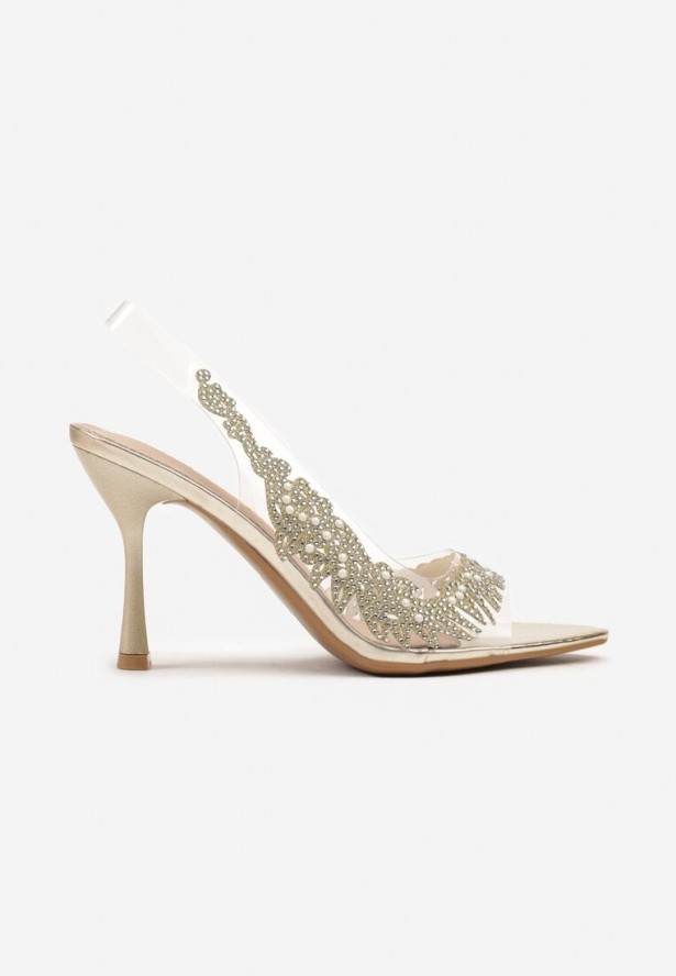 Złote Transparentne Sandały na Szpilce Vices ze Skórzaną Wkładką i Cyrkoniami Ovimara