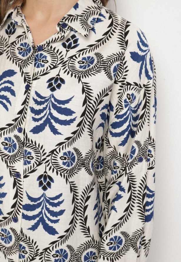 Niebieski Komplet z Wiskozą Koszula i Spodnie z Gumką w Pasie z Roślinnym Motywem Diviren