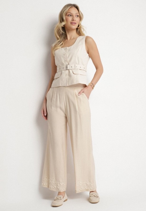 Jasnobeżowe Szerokie Spodnie z Wiskozy z Lnem Ozdobione Przeszyciami Fenerisa