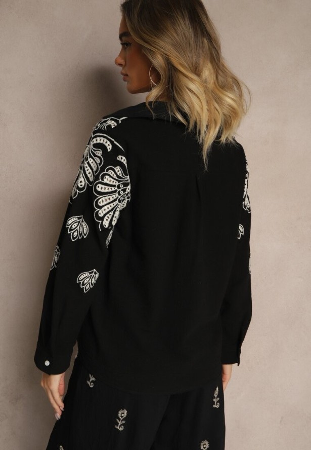 Czarna Koszula z Bawełny Zdobiona Haftem z Ażurowymi Wycięciami Nevorelle