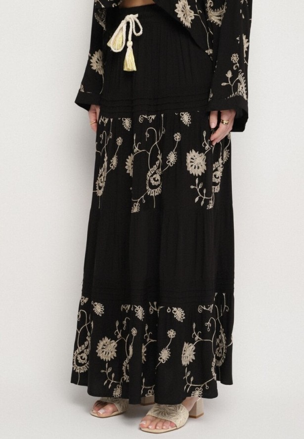 Czarny Komplet z Wiskozy w Stylu Boho Koszula Nietoperz i Spódnica Sepalisse