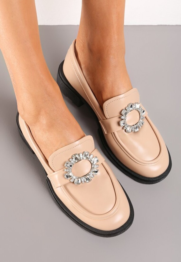 Beżowe Mokasyny z Ekoskóry z Przeszyciami i Okrągłą Klamrą Failla