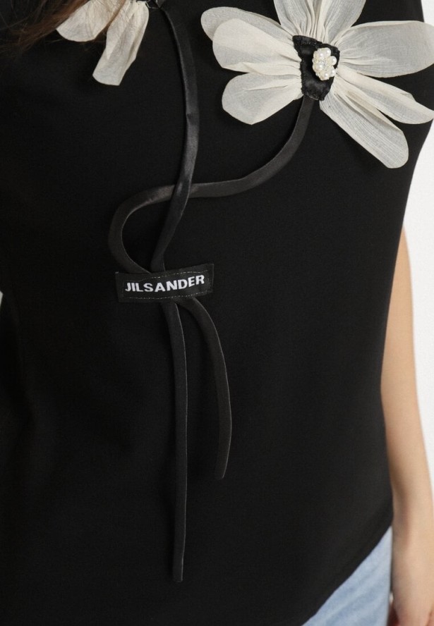 Czarny Bawełniany Top z Kwiatami 3D Cyrkoniami i Perełkami Sanaviella