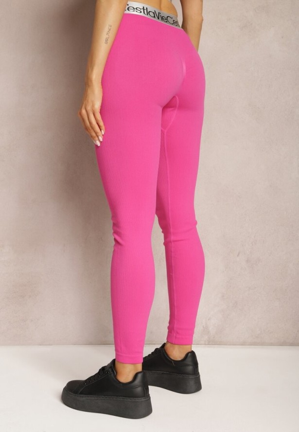 Fuksjowe Sportowe Legginsy Elastyczne z Ozdobną Szeroką Gumą w Pasie Larnode