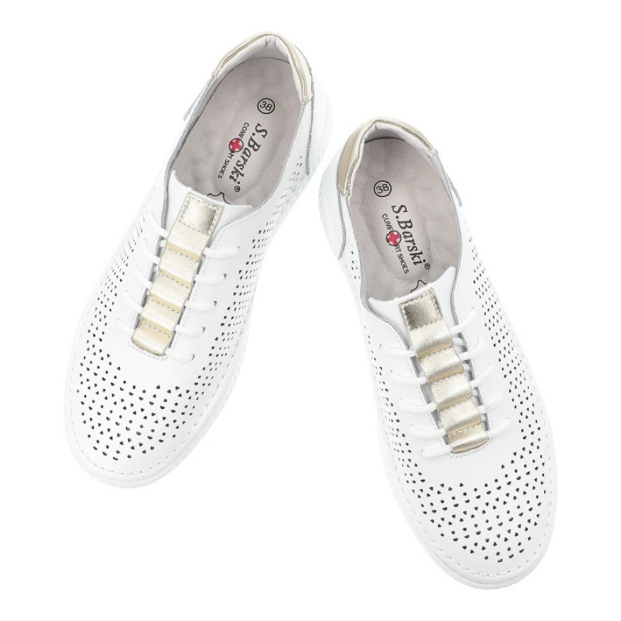 Sneakersy damskie S.Barski, cholewka skóra naturalna perforowana wiązanie klasyczne niski fason zaokrąglony nosek, białe, GR61-5992