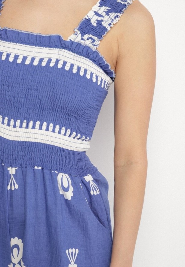 Niebieski Wiskozowy Kombinezon na Ramiączkach z Szeroką Nogawką Sonavirea