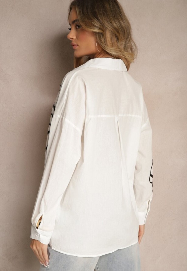 Biała Koszula z Bawełny z Ozdobną Aplikacją z Kwiatami Frolreia