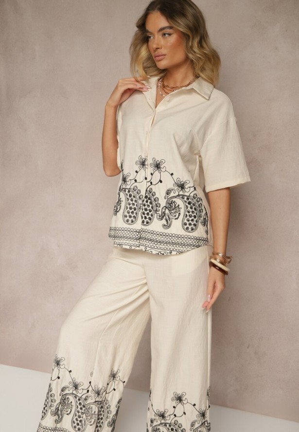 Beżowy Wiskozowy Komplet z Kwiatowym Zdobieniem Koszula i Szerokie Spodnie Mevilene
