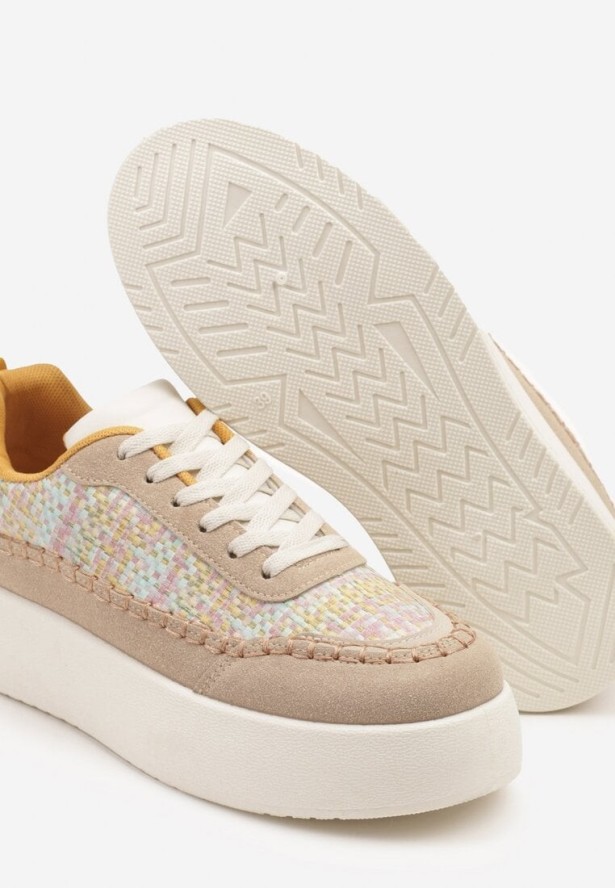 Ciemnobeżowe Sneakersy na Grubej Podeszwie z Plecioną Cholewką Nilavanea