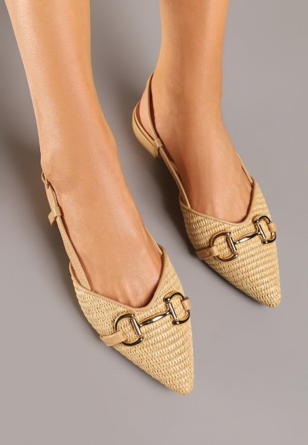 Ciemnobeżowe Sandały Slingback z Tweedowymi Zdobieniami i Metaliczną Aplikacją Annilena