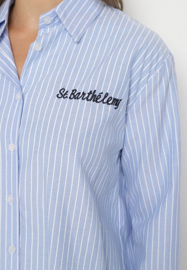 Jasnoniebieska Koszula w Paski Zdobiona Haftem Denelle