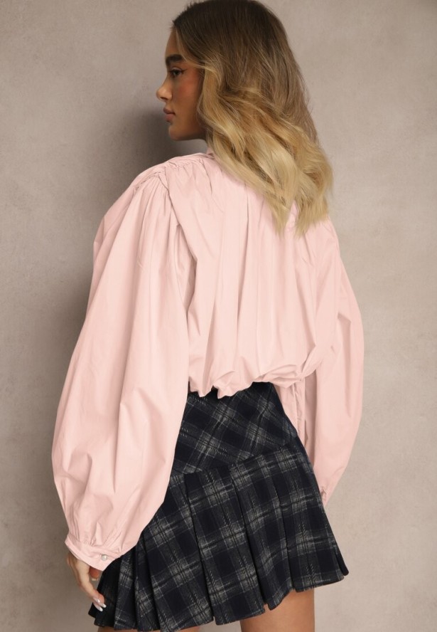 Różowa Bufiasta Koszula z Bawełny w Stylu Retro z Ozdobną Kokardą Frulla