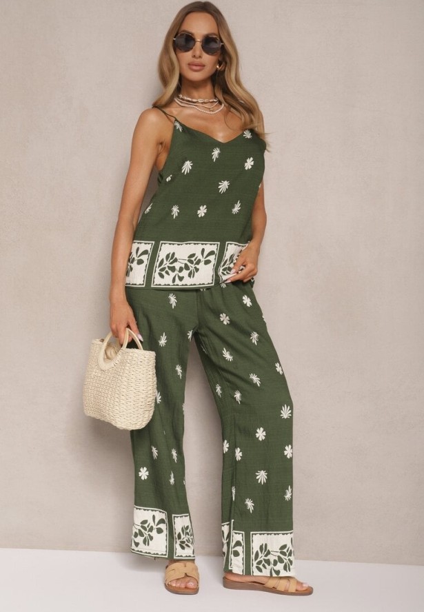 Ciemnozielony Kwiatowy Komplet z Wiskozy Spodnie i Koszulka na Ramiączkach Beldisa