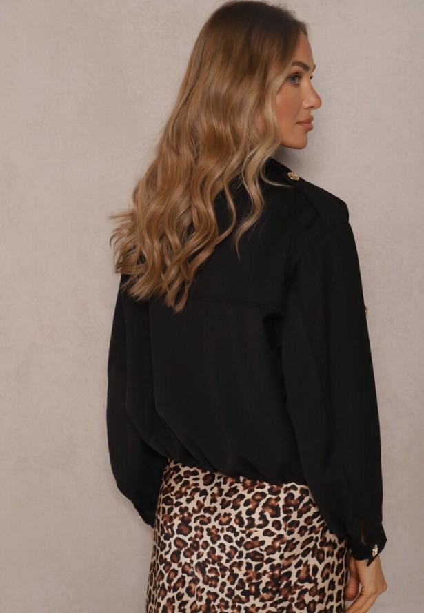 Czarna Pudełkowa Kurtka ze Stójką i Troczkiem w Pasie Zdobiona Guzikami Casalla