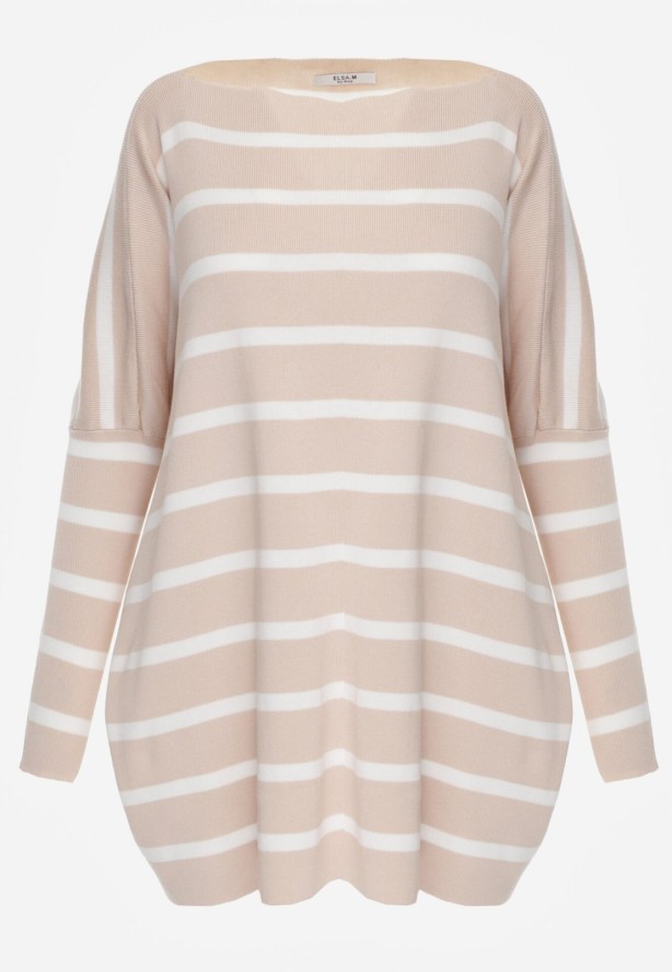 Beżowy Sweter Oversize w Paski z Rękawami Nietoperz Caelania