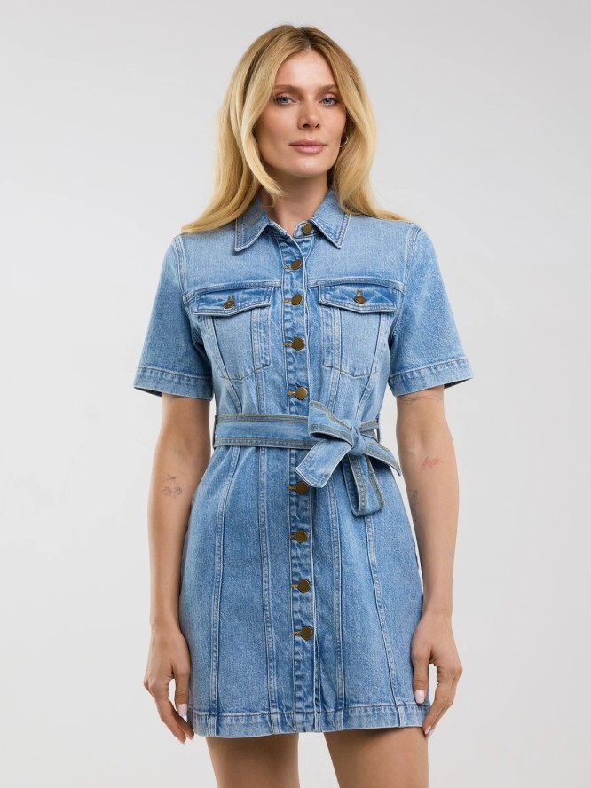 Sukienka damska mini jeansowa z krótkim rękawem niebieska Josie 304