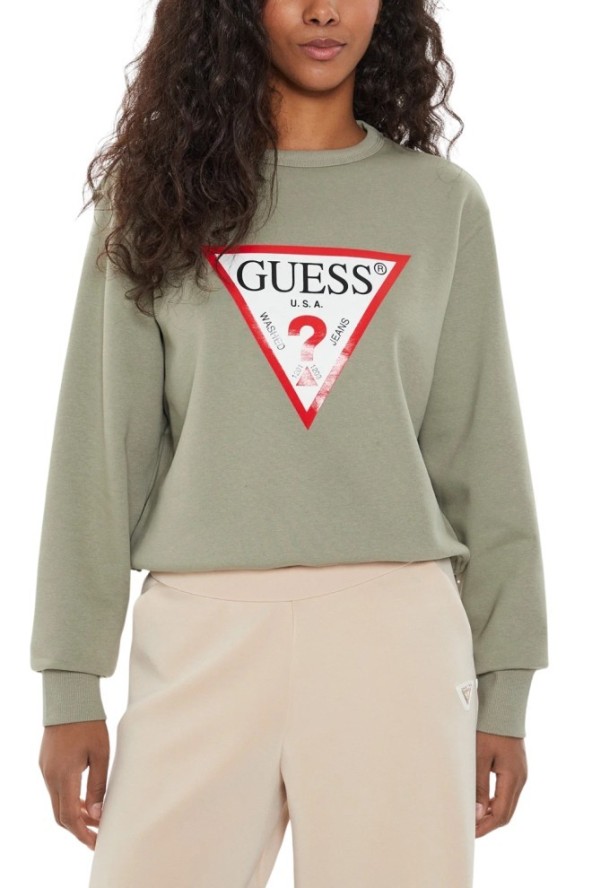 GUESS Zielona bluza damska z dużym logo Original Fleece, Rozmiar M