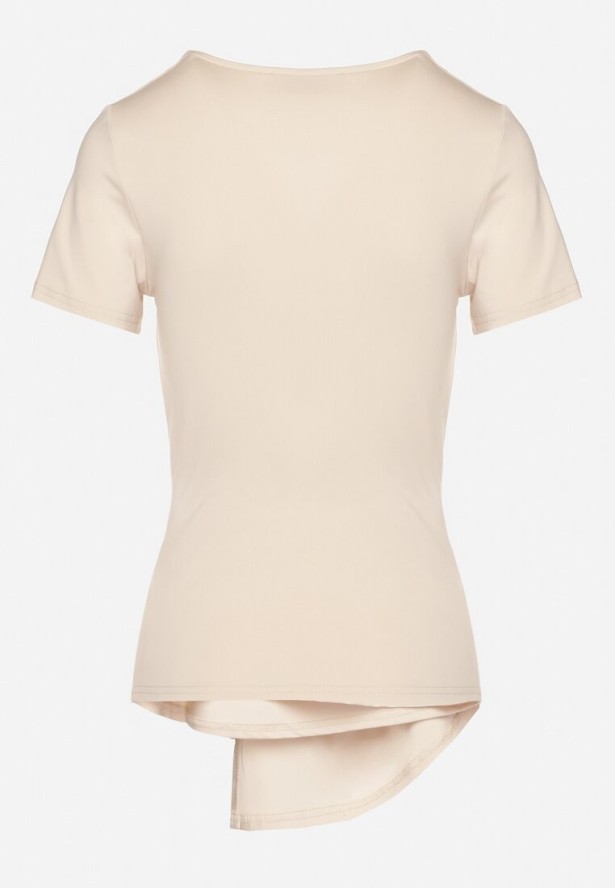 Beżowa Bluzka z Kopertowym Dekoltem i Ozdobnym Węzłem Jazel