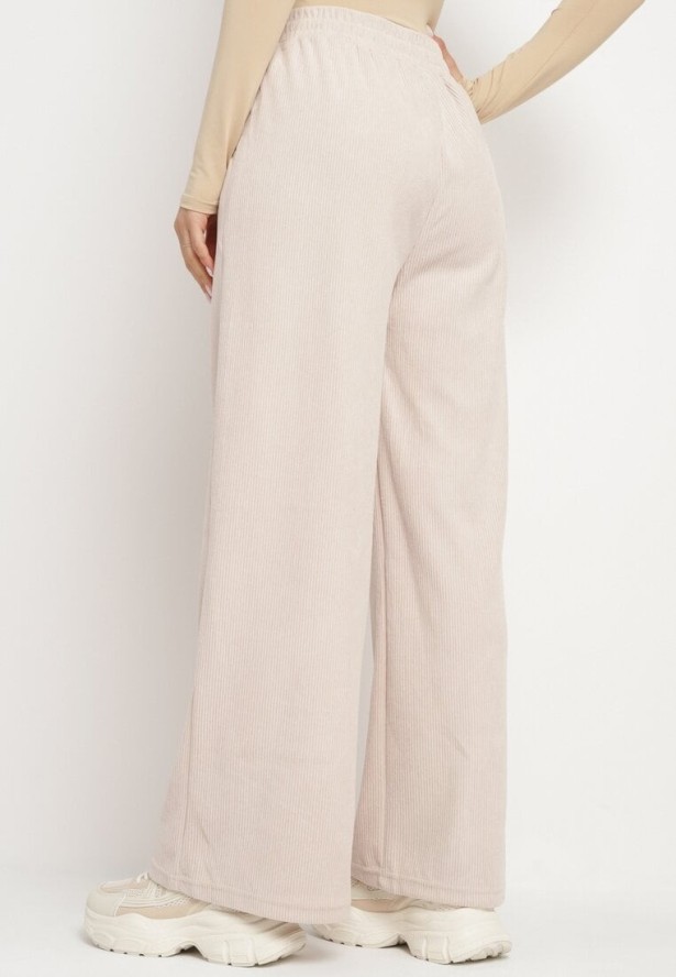 Beżowe Szerokie Spodnie z Wysokim Stanem Wiązane Sznurkiem Cosetta