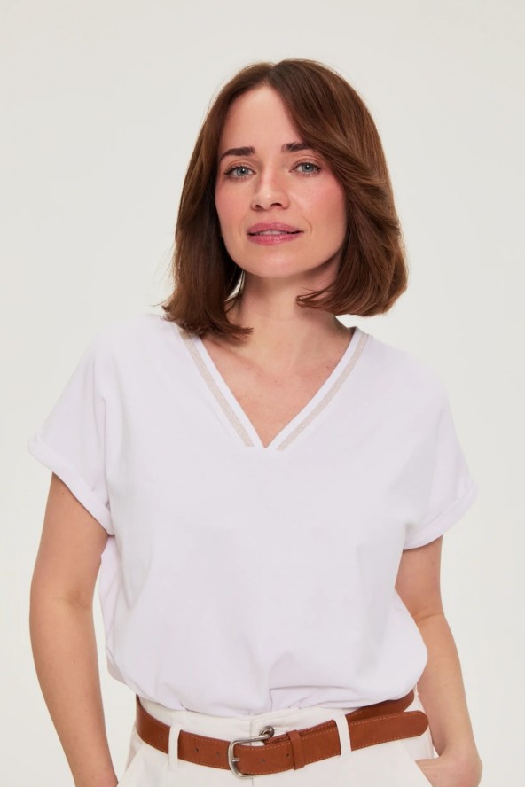 Bawełniany t-shirt z dekoltem w serek biały