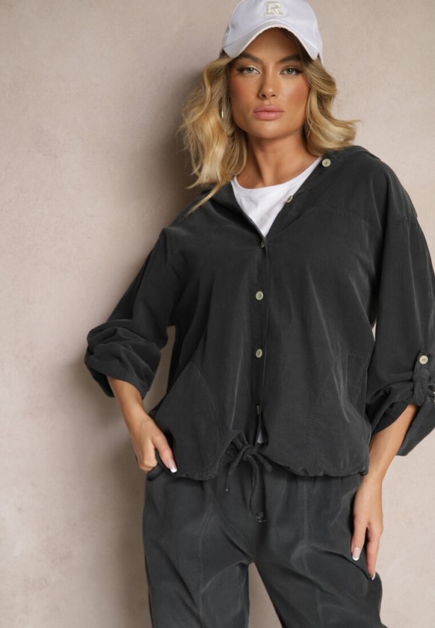 Ciemnoszara Koszula z Bawełny z Regulowanymi Rękawami i Kapturem Terresia